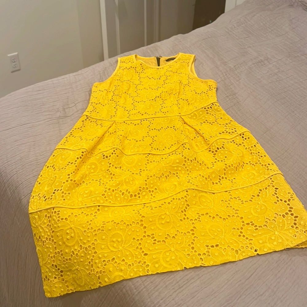 Nanette lepore yellow lace dress with liner, 36 inch
